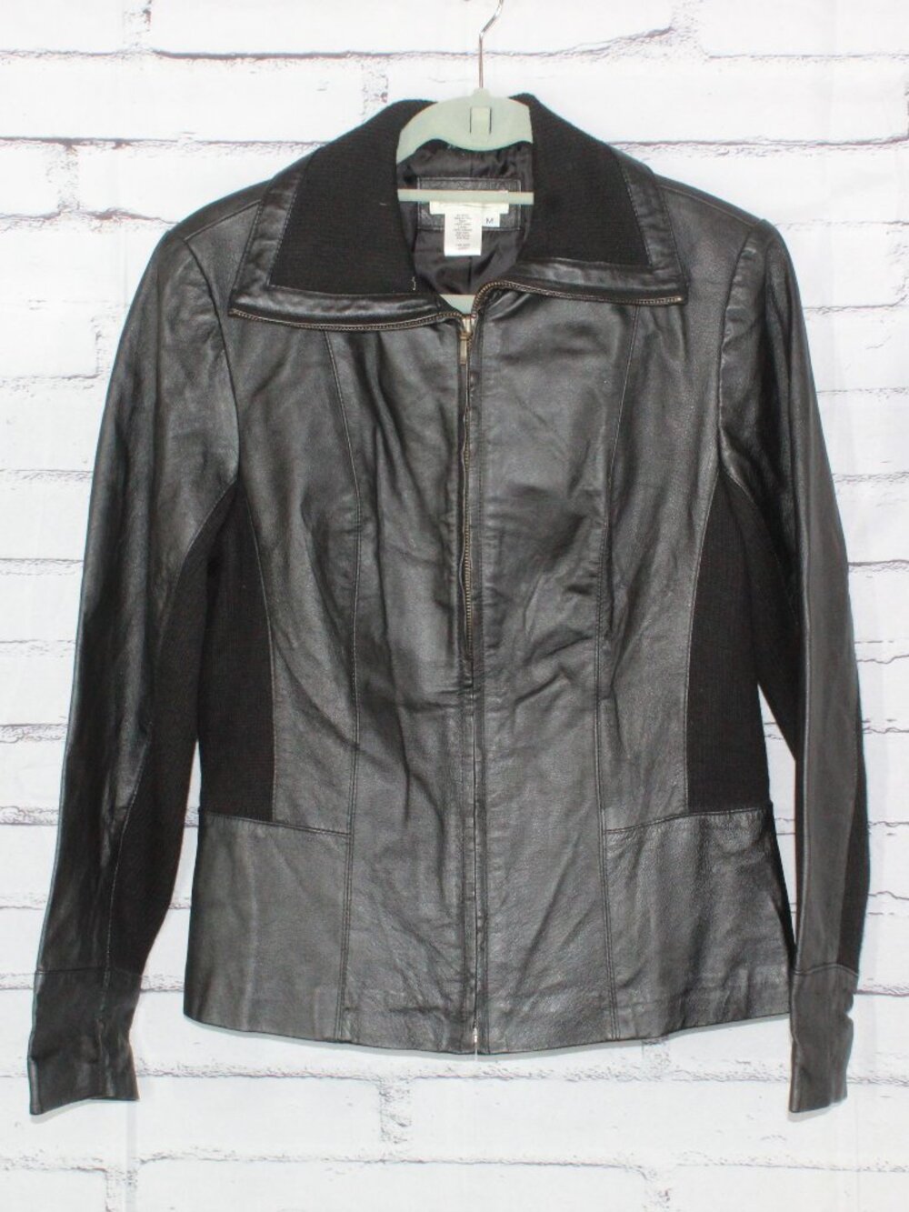 Vintage Coldwater Creek Genuine Leather Rib Knit Zip Coat Moto Jacket Size M